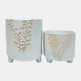 Cer. Leaf Footed Planter, white/gold LARGE