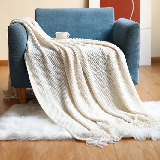 Knit Textured 50x60 Inch Throw Blanket with Fringe-Ivory