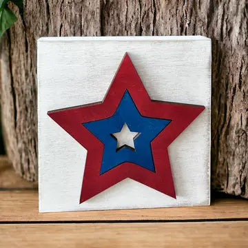 Rustic Patriotic Wood Star Block Sign - Americana Decor