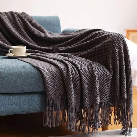 Knit Textured 50x60 Inch Throw Blanket with Fringe-Grey