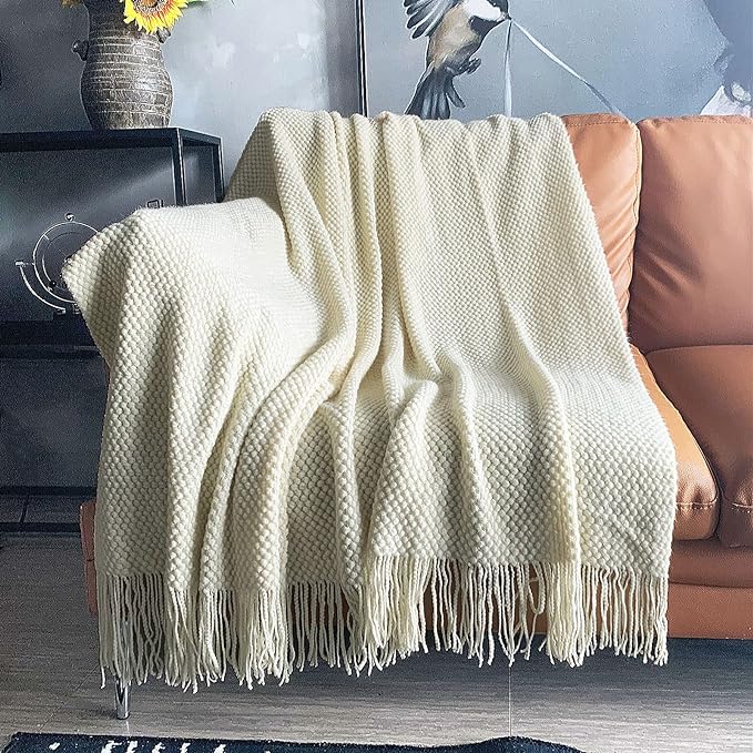 Knit Textured 50x60 Inch Throw Blanket with Fringe